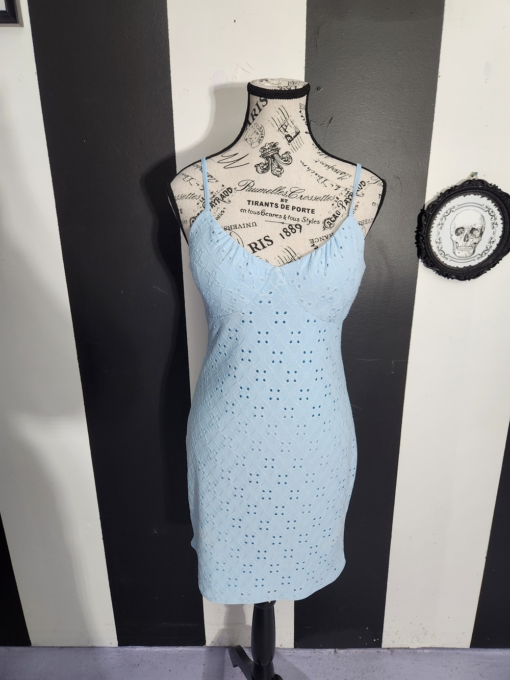 No Boundaries Light Blue Eyelet Spaghetti-Strap Mini Dress